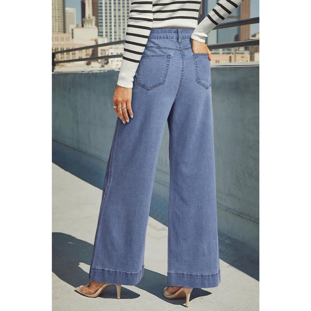 Women's Myosotis Waisted Wide Leg Denim Jeans Stretchy Loose Pants with Pockets - Picture 4 of 6